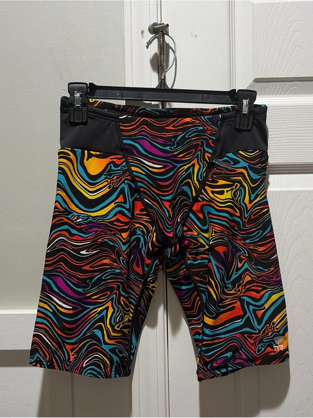 TYR Men's Multicolor Swirl-Print Swim Jammer - Black Waist Size 32